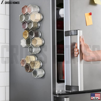 20 Pack Magnetic Spice Jars for Refrigerator, Hexagon Glass Magnetic Spice Jar with Shaker Lids Label for Kitchen RV Travel Trailer Boat, Magnet Seasoning Containers for Fridge Cabinet Wall Mount Rack