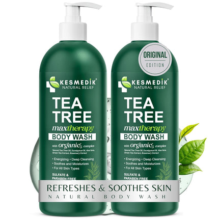 Tea Tree Body Wash Maxtherapy with Eucalyptus, Aloe & 100% Tea Tree Oil for Skin, Cleans, Soothes and Refreshes Sensitive, Itchy Skin, Body & Foot Soap for Men & Women, 2-Pack