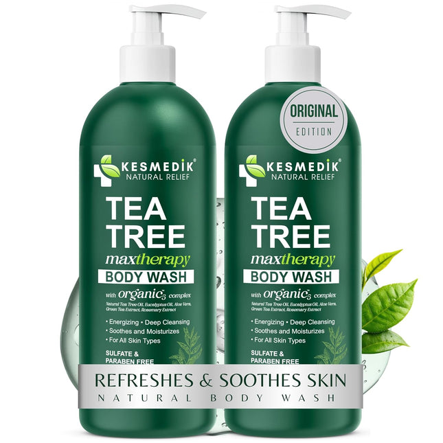 Tea Tree Body Wash Maxtherapy with Eucalyptus, Aloe & 100% Tea Tree Oil for Skin, Cleans, Soothes and Refreshes Sensitive, Itchy Skin, Body & Foot Soap for Men & Women, 2-Pack