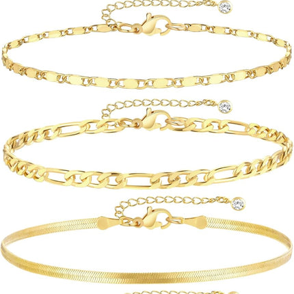 Gold Ankle Bracelets for Women, 14K Gold Plated Waterproof Cuban Link Chain Anklets Set, Layered Anklet Bracelets for Women Beach Gift Adjustable Size 5Pcs