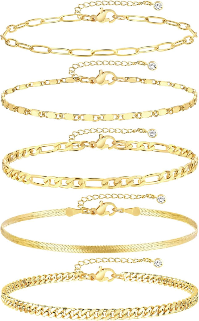 Gold Ankle Bracelets for Women, 14K Gold Plated Waterproof Cuban Link Chain Anklets Set, Layered Anklet Bracelets for Women Beach Gift Adjustable Size 5Pcs