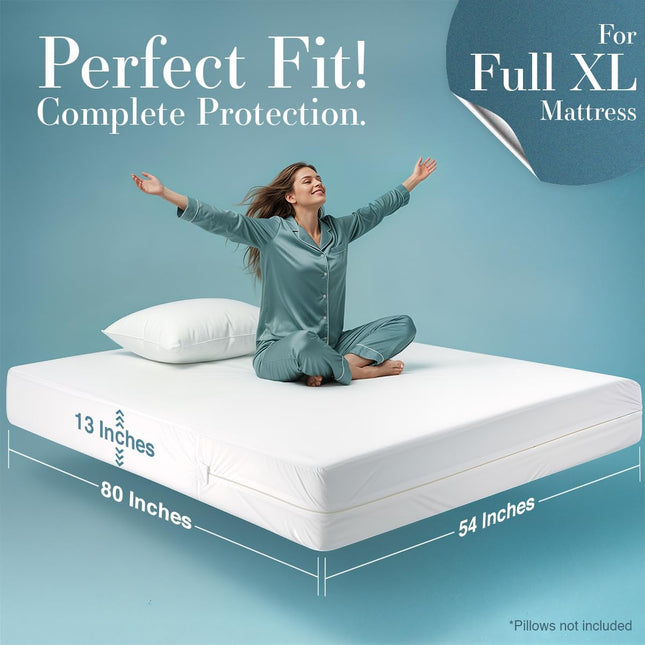Mattress Protector Zippered Full XL Size, 100% Waterproof Bed Bug and Dust Mite Proof Mattress Encasement, Absorbent 6 Sided Mattress Cover