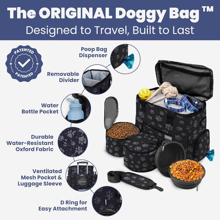 The Original Doggy Bag™ - Complete Dog Travel Bag for Supplies with 2 Bpa-Free Travel Dog Bowls & 2 Pet Food Containers - Traveling Kit for Road Trips, Camping, Weekend Away or Doggy Gift: Paw Print