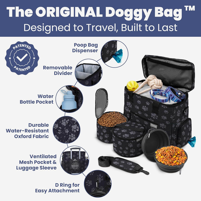 The Original Doggy Bag™ - Complete Dog Travel Bag for Supplies with 2 Bpa-Free Travel Dog Bowls & 2 Pet Food Containers - Traveling Kit for Road Trips, Camping, Weekend Away or Doggy Gift: Paw Print