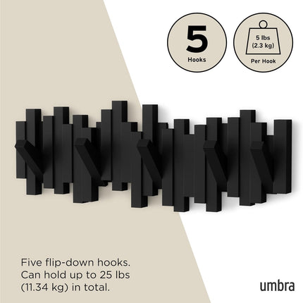 Sticks Wall Mount Coat Rack, 5 Hook Retractable Pegs, Black | Mounting Hardware Included, Sculptural Modern Design, Entryway or Bedroom Use, Recycled Plastic