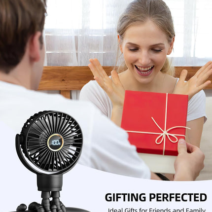 Portable Stroller Mini Fan, Small Rechargeable Personal Fan, Baby Travel Essentials for Wagon, Car Seat, Treadmill, Battery Powered Biking Gear Accessories, 360° Rotation, 3-Speed, Display, Black