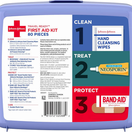 BAND-AID Brand Travel Ready Portable Emergency First Aid Kit, Minor Wound Care, Perfect for Home, Car, Camping, Travel & Outdoor Essentials, Supplies Include Bandages, Neosporin & Tylenol, 80 Piece