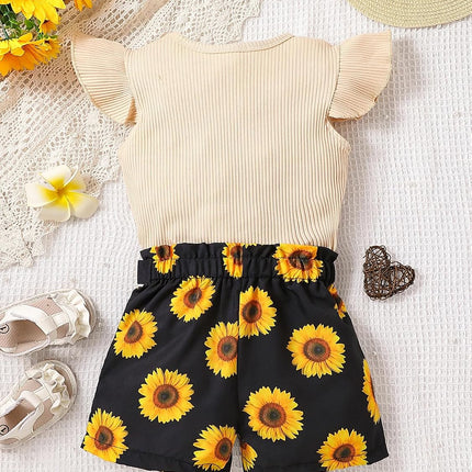 Kid Toddler Girl Clothes Summer Ruffle Sleeve Figure Graphic Shirt + Shorts Summer Outfits Set
