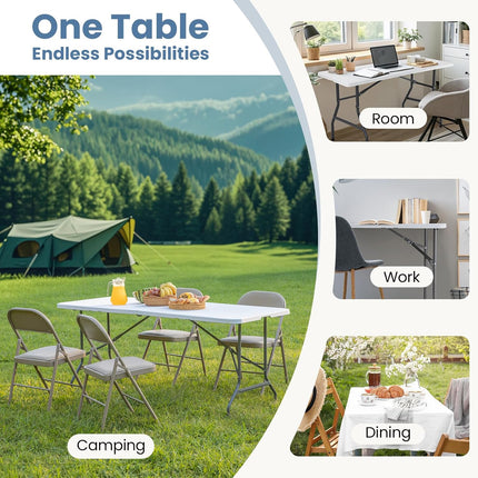 6 FT Folding Picnic Table Easy to Fold and Store, Foldable Table for Camping Picnic Dining Party Kitchen Outdoor Indoor with Carrying Handle