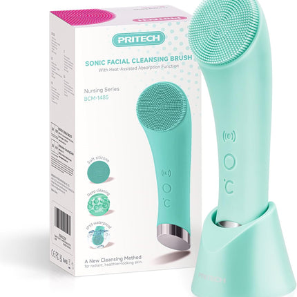 Silicone Face Scrubber, Rechargeable Facial Cleansing Brush with Heat Massage End, Vibrating Exfoliator Scrubber for Deep Cleaning, Waterproof Face Brush for Women and Men (Green)