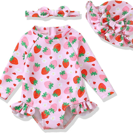 Baby Girl Swimsuit Long Sleeve One-Piece Swimwear with Hat Rash Guard Ruffle Floral Zipper Beach Infant Bathing Suit