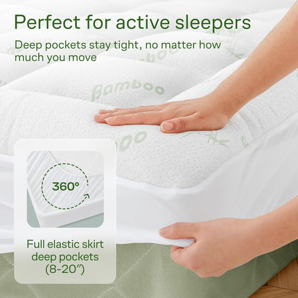 Ultra Soft Queen Size Mattress Topper - Rayon Derived from Bamboo Pillow Top Mattress Pad for Back Pain Relief - Naturally Cooling for Hot Sleepers, Green