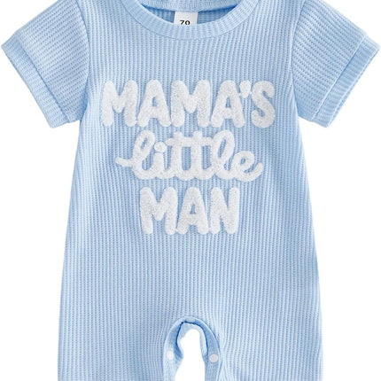 Newborn Infant Baby Boy Summer Jumpsuit Letter Embroidery Short Sleeve Crew Neck Romper Waffle Outfit