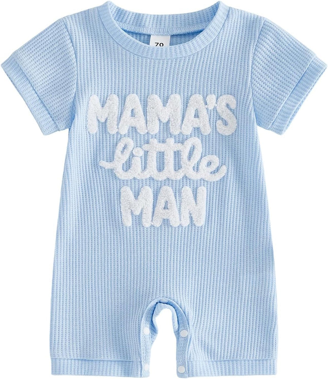 Newborn Infant Baby Boy Summer Jumpsuit Letter Embroidery Short Sleeve Crew Neck Romper Waffle Outfit