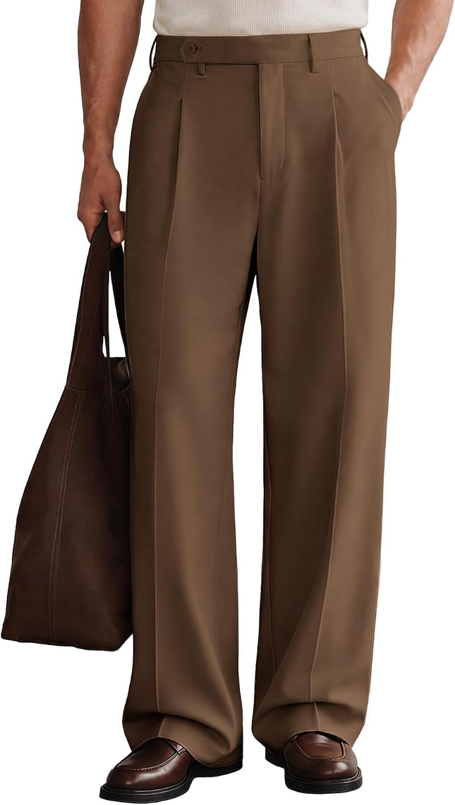 Mens Casual Dress Pants Pleated Old Money Wide Leg Baggy Pants Fall Relaxed Fit Slacks Work Trousers