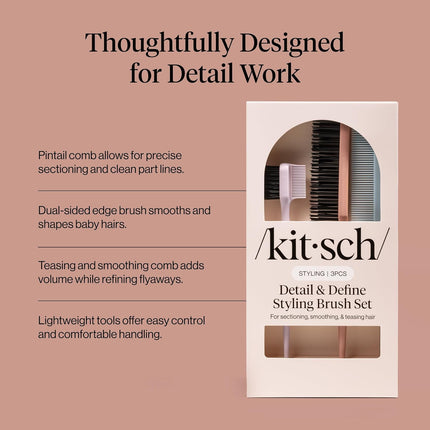 Kitsch Slick Back Hair Brush – Hair Styling Combs Kit with Pintail Comb, Edge Brush & Teasing Tool, Comb Set for Precision Parts, Smooth Edges, Volume & Slick Back Brush for Styling