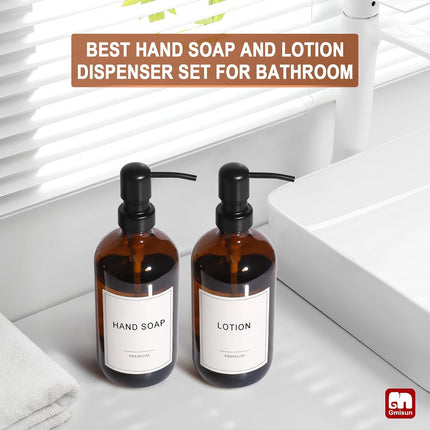 Amber Glass Soap Dispenser, 2 Pack Bathroom Hand Soap Dispensers with Stainless Steel Pump, 17 Fl Oz Kitchen Hand and Dish Soap Dispenser Set, Modern Vintage Liquid Brown Soap Dispensers Bottle