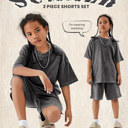 Boys Summer Outfits Acid Wash Short Sets 2 Piece Matching Clothes Set | Soft Cotton,Acid Wash,Relaxed Tee & Drawstring Shorts Set,Casual Streetwear