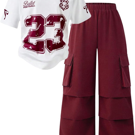 Tween Girls Clothes Short Sleeve Graphic T-Shirt Top + Cargo Pants 2Pcs Outfit Set, Size 7-15Years
