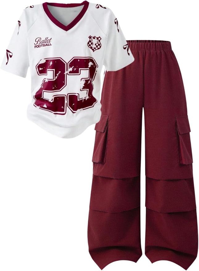 Tween Girls Clothes Short Sleeve Graphic T-Shirt Top + Cargo Pants 2Pcs Outfit Set, Size 7-15Years