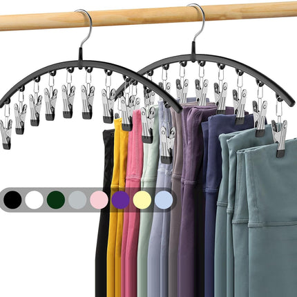 Legging Organizer for Closet, 2 Pack Metal Yoga Pants Hangers W/10 Clips Holds 20 Leggings, Space Saving Hanging Closet Organizer W/Rubber Coated Closet Organizers and Storage, Black