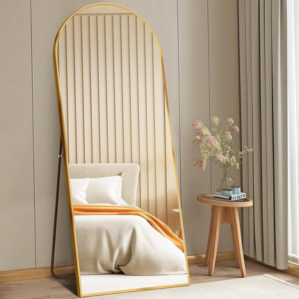 64"X21" Arched Full Length Floor Mirror, Full Body Mirror with Stand, Shatterproof Tempered Glass, Modern Aluminum Alloy Frame, Free Standing or Leaning for Home Decor, Gold