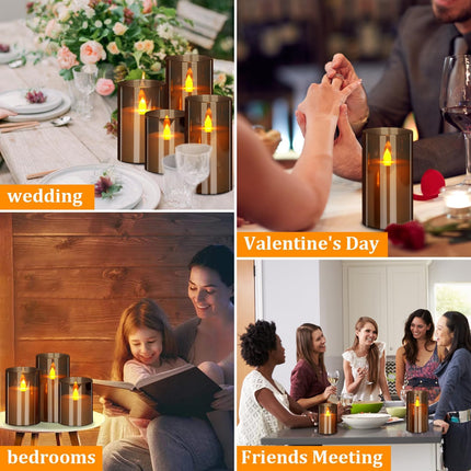 Flameless Candles 4" 5" 6" Acrylic Glass Pillars 3" Diameter Battery Operated Flickering Candles Include 8-Key Remote with Timer Function 400+ Hours (Gray, Warm Light 3 Pack)