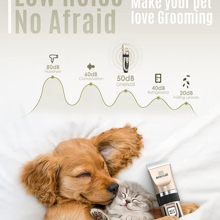Dog Clippers Low Noise, Dog Grooming Kit with Rechargeable, Pet Shaver Cordless Electric Quiet Hair Clipper Set for Dogs Cats Pets（Gold）