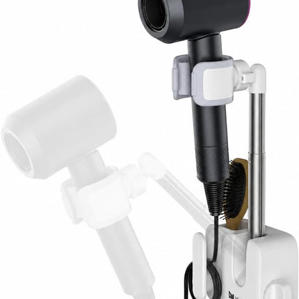 Hands Free Hair Dryer Holder Wall Mount, Anti-Shake Blow Dryer Stand with Storage Slot, Drill-Free Adhesive or Screw Installation, Height & Front-Back Adjustable Arm, Bathroom Organizer(White)