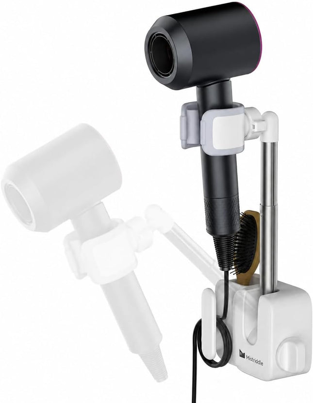 Hands Free Hair Dryer Holder Wall Mount, Anti-Shake Blow Dryer Stand with Storage Slot, Drill-Free Adhesive or Screw Installation, Height & Front-Back Adjustable Arm, Bathroom Organizer(White)