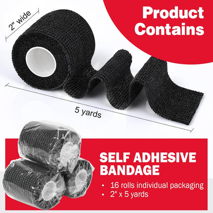 16 Pack Self Adhesive Bandage Wrap Black, 2" X 5 Yards Black Athletic Tape, Vet Wrap, Tattoo Grip Tape Wrap，Ankle Tape, Cohesive Bandage Wrap