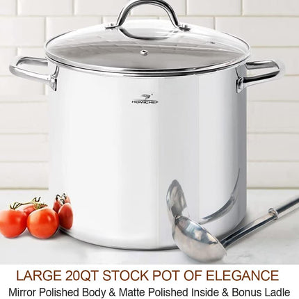 Commercial Grade LARGE STOCK POT 20 Quart with Lid - Nickel Free Stainless Steel Cookware - Healthy Polished Stockpots - Heavy Duty Induction Soup Pot