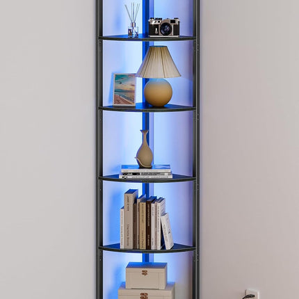 6 Tier Corner Shelf with LED Light, 67.5 Inch Tall Narrow Bookshelf Organizer, Black Standing Storage Rack with Metal Frame & Wood Shelves for Living Room, Bedroom, Office & Wall Corner Display