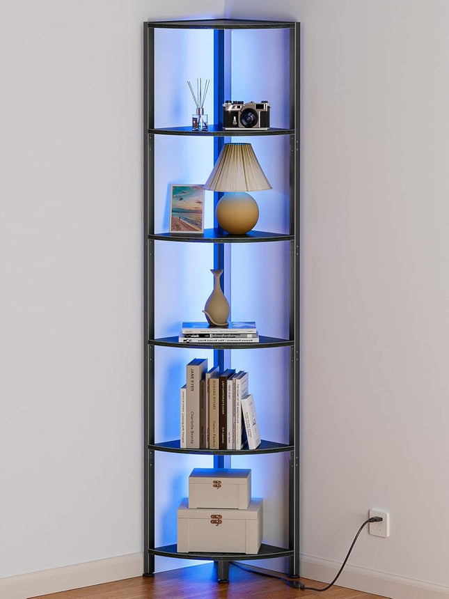 6 Tier Corner Shelf with LED Light, 67.5 Inch Tall Narrow Bookshelf Organizer, Black Standing Storage Rack with Metal Frame & Wood Shelves for Living Room, Bedroom, Office & Wall Corner Display
