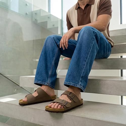 CUSHIONAIRE Lane Men’s Cork Footbed Sandals – Adjustable Buckle Slides with Genuine Leather Insole - Brown Nubuck, Size 10