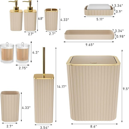 10-Piece Beige Bathroom Accessories Set – Complete Bathroom Organizer Kit with Toilet Brush & Trash Can