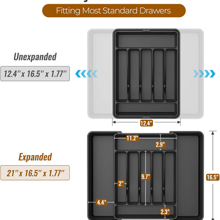 Extra Large Expandable Silverware Organizer, Bpa-Free Food-Safe Cutlery Flatware Organizer, Kitchen Utensil Drawer Organizer, Adjustable Silverware Holder for Spoons Forks Knives, Black
