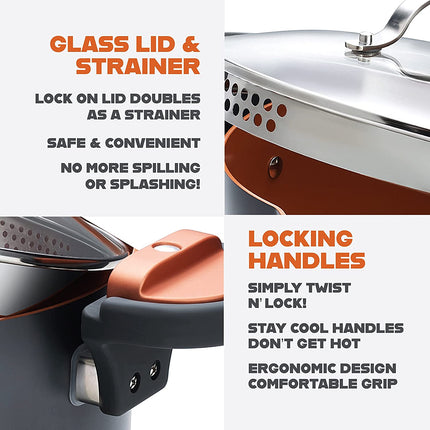 5 Quart Stock Pot Multipurpose Pasta Pot with Strainer Lid & Twist and Lock Handles, Nonstick Ceramic Surface Makes for Effortless Cleanup with Tempered Glass Lid, Dishwasher Safe | Twist and Lock Handles, Non Toxic Ceramic Non Stick Coating, for Cooking Soup, Spaghetti, Rice, Dishwasher Safe - Copper