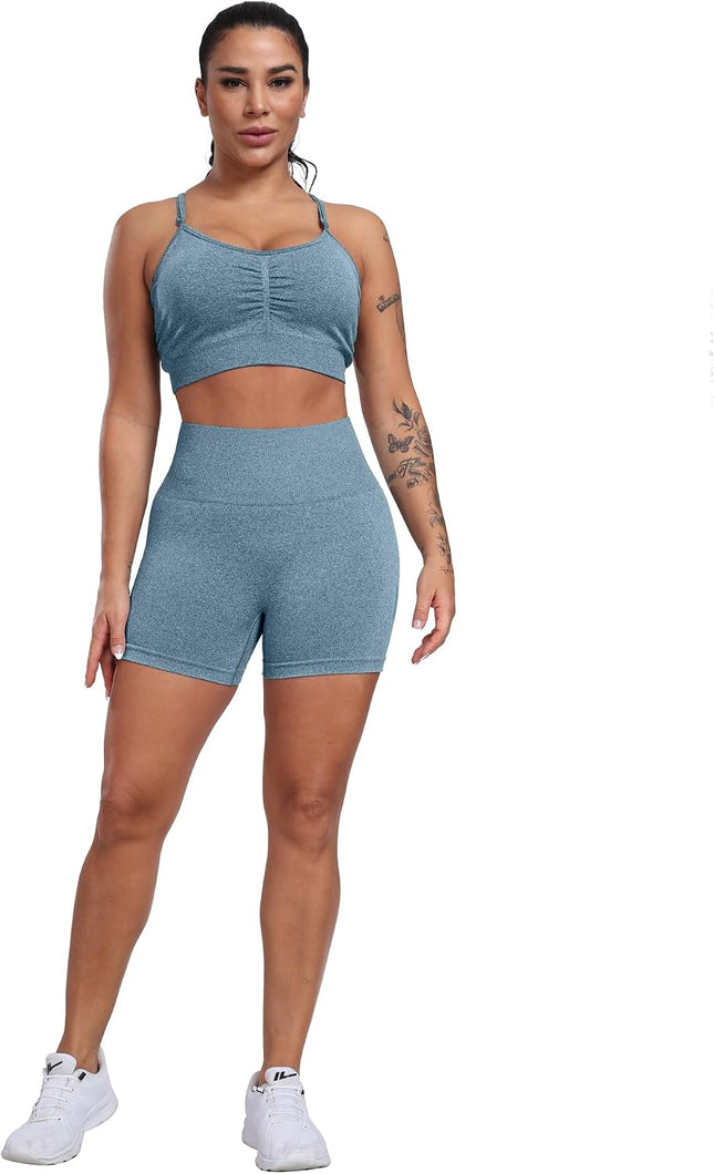 Workout Shorts Sets for Women, High Waisted Gym Butt Lifting Scrunch Butt Seamless Shorts