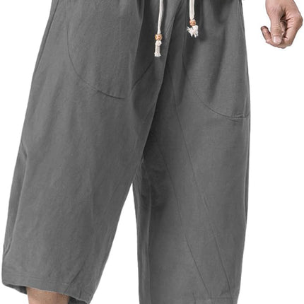 Men'S Linen Cotton Capri Pants Loose Fit Elastic Waist Wide Leg Baggy Harem Pants