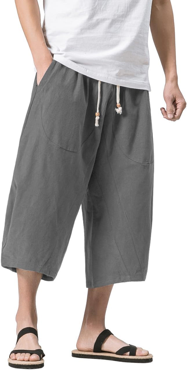Men'S Linen Cotton Capri Pants Loose Fit Elastic Waist Wide Leg Baggy Harem Pants