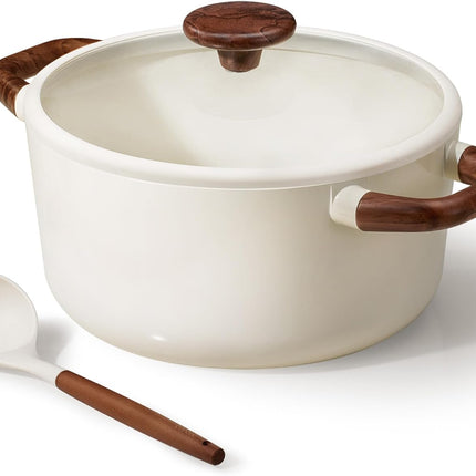 5QT Nonstick Stock Pot with Lid, 5 Quart Casserole with Ladle, Even Heating Stockpot, Fits All Stoves, Non Stick Big Cooking Pots PFOA Free, White
