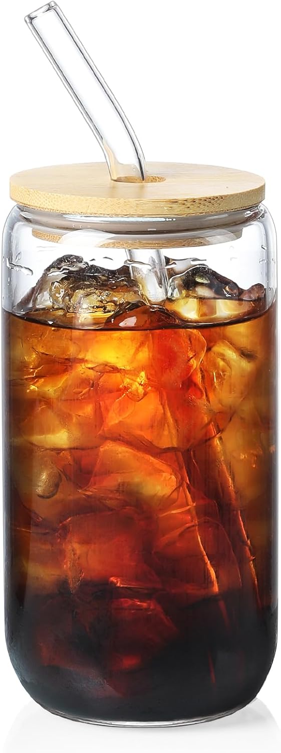 Netany Glass Cup with Bamboo Lid & Straw – 16 Oz Iced Coffee Tumbler, Reusable Drinking Glass for Coffee, Tea & Cold Beverages, Aesthetic Gift for Women
