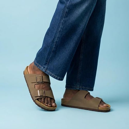 CUSHIONAIRE Lane Men’s Cork Footbed Sandals – Adjustable Buckle Slides with Genuine Leather Insole - Brown Nubuck, Size 10