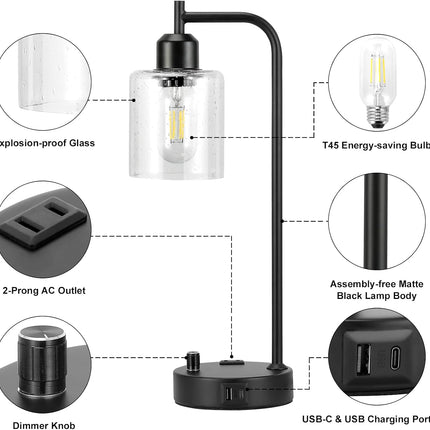 Industrial Table Lamps Set of 2, Fully Dimmable Bedside Nightstand Lamps with USB-A & USB-C Charging Ports and Outlet, Black Lamps with Glass Shade for Bedroom, Living Room, Office & Reading Desk