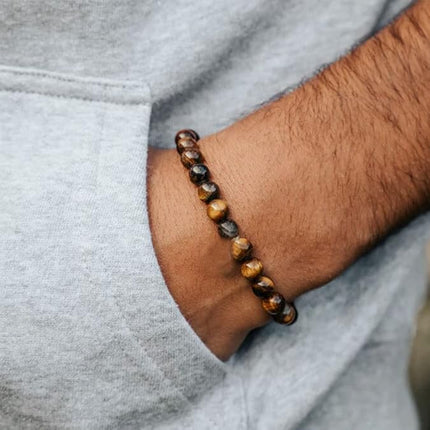 Tiger Eye Bracelet Set for Men – 8mm Natural Stone, Lava Rock & Black Crystal Stretch Beaded Bracelets