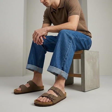 CUSHIONAIRE Lane Men’s Cork Footbed Sandals – Adjustable Buckle Slides with Genuine Leather Insole - Brown Nubuck, Size 10