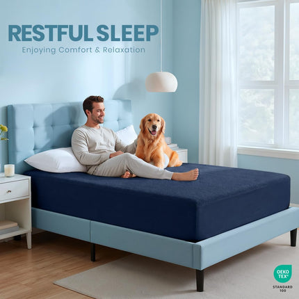 Twin Size Mattress Protector, Waterproof 200 GSM Terry Mattress Cover, Soft Breathable Fitted Bed Protector with Stretchable Deep Pocket Up to 15 Inches, Premium Mattress Pad Cover, Navy Blue