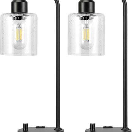 Industrial Table Lamps Set of 2, Fully Dimmable Bedside Nightstand Lamps with USB-A & USB-C Charging Ports and Outlet, Black Lamps with Glass Shade for Bedroom, Living Room, Office & Reading Desk