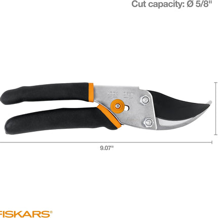 Fiskars Bypass Pruning Shears - Effortless Cutting with Sharp Steel Blades and Non-Slip Grip, Self-Cleaning Sap Groove, 5/8" Cut Capacity for Stems & Branches
